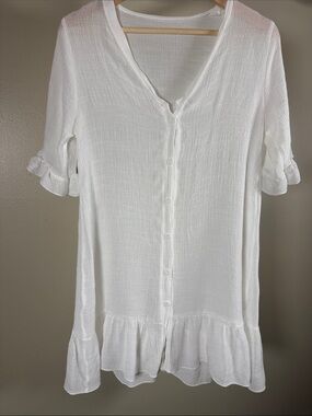 Women's White Button-Front Swim Coverup with Ruffle Hem